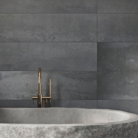 Black porcelain tile bathroom wall