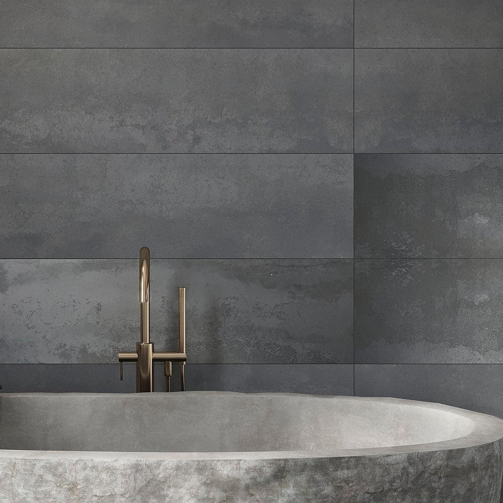 Black porcelain tile bathroom wall