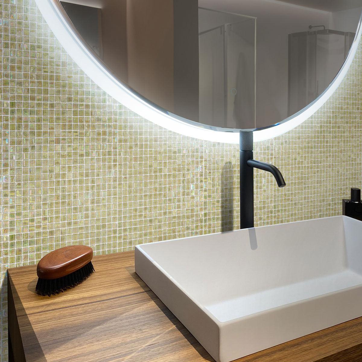 The luxurious bathroom is decorated with Iridescent Yellow Gold Squares Glass Tile