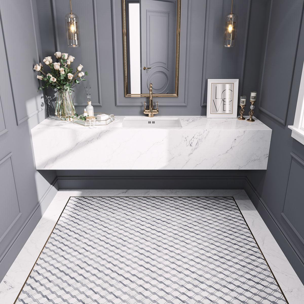 Italiano Bardiglio & Eastern White Marble Mosaic Tile patterned bathroom floor