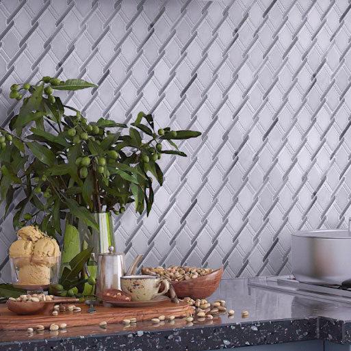 Olive Branches On Background Of Italiano Bardiglio & Oriental White Marble Mosaic Tile