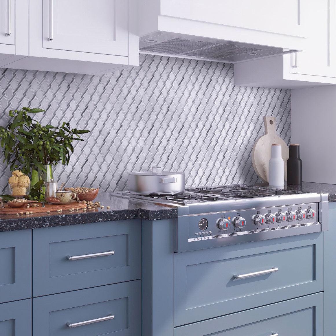 White and Blue Kitchen With Italiano Bardiglio & Eastern White Marble Mosaic Tile Backsplash