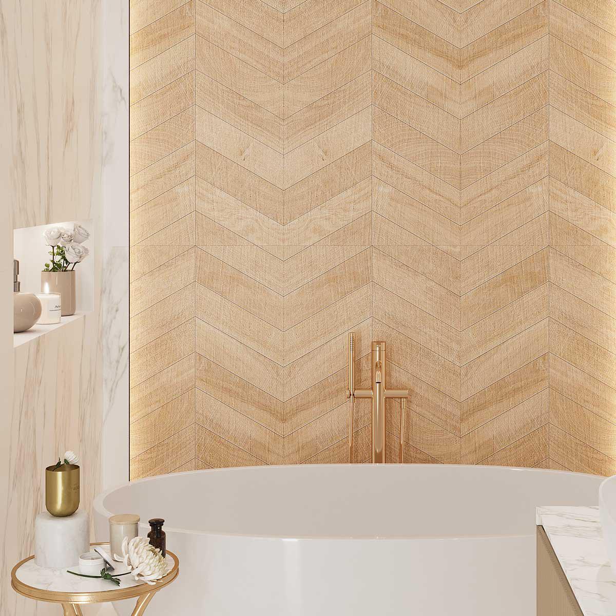 Maple chevron wood-look porcelain tile wall behind a standing bathtub