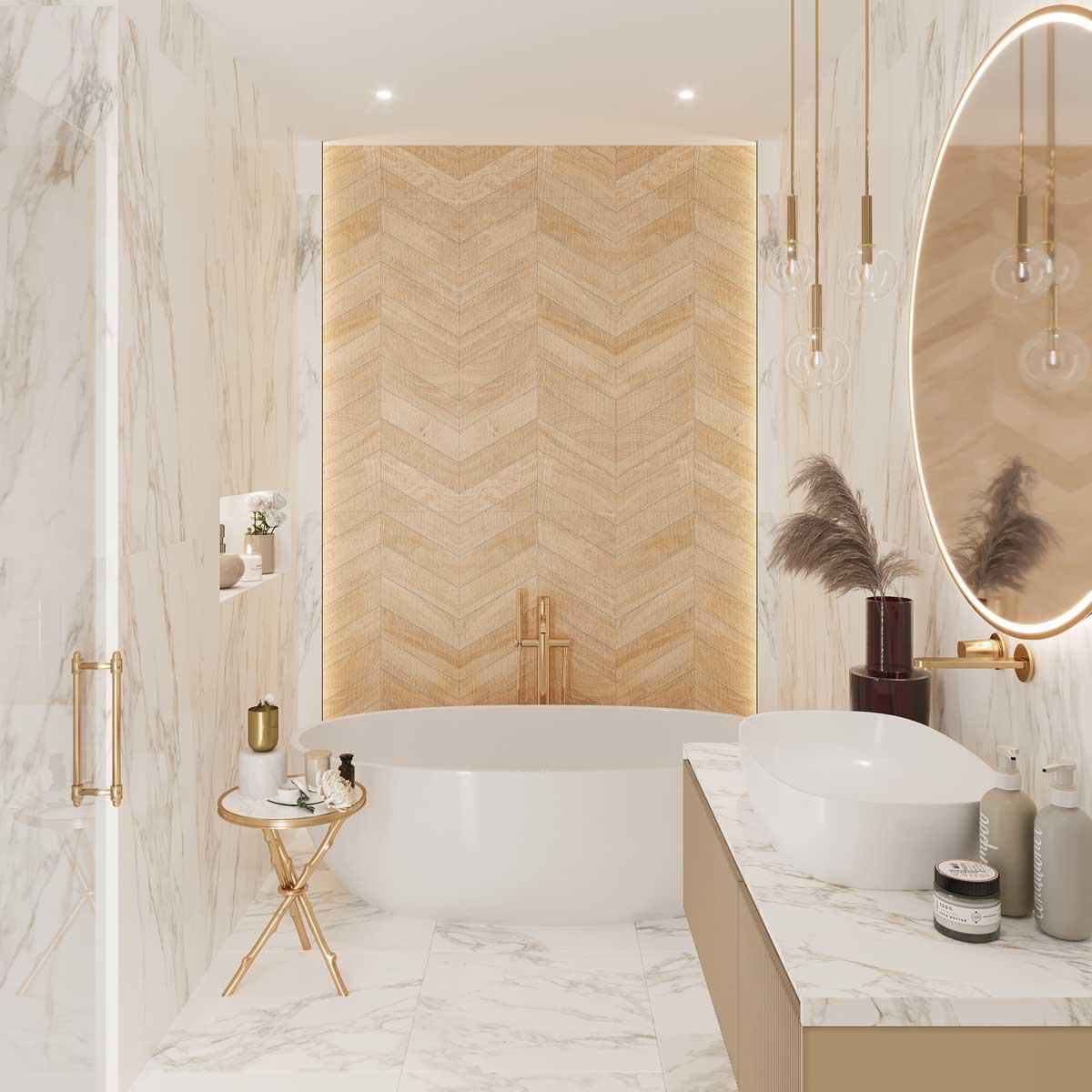 Chevron wood-look accent wall for a marble bathroom