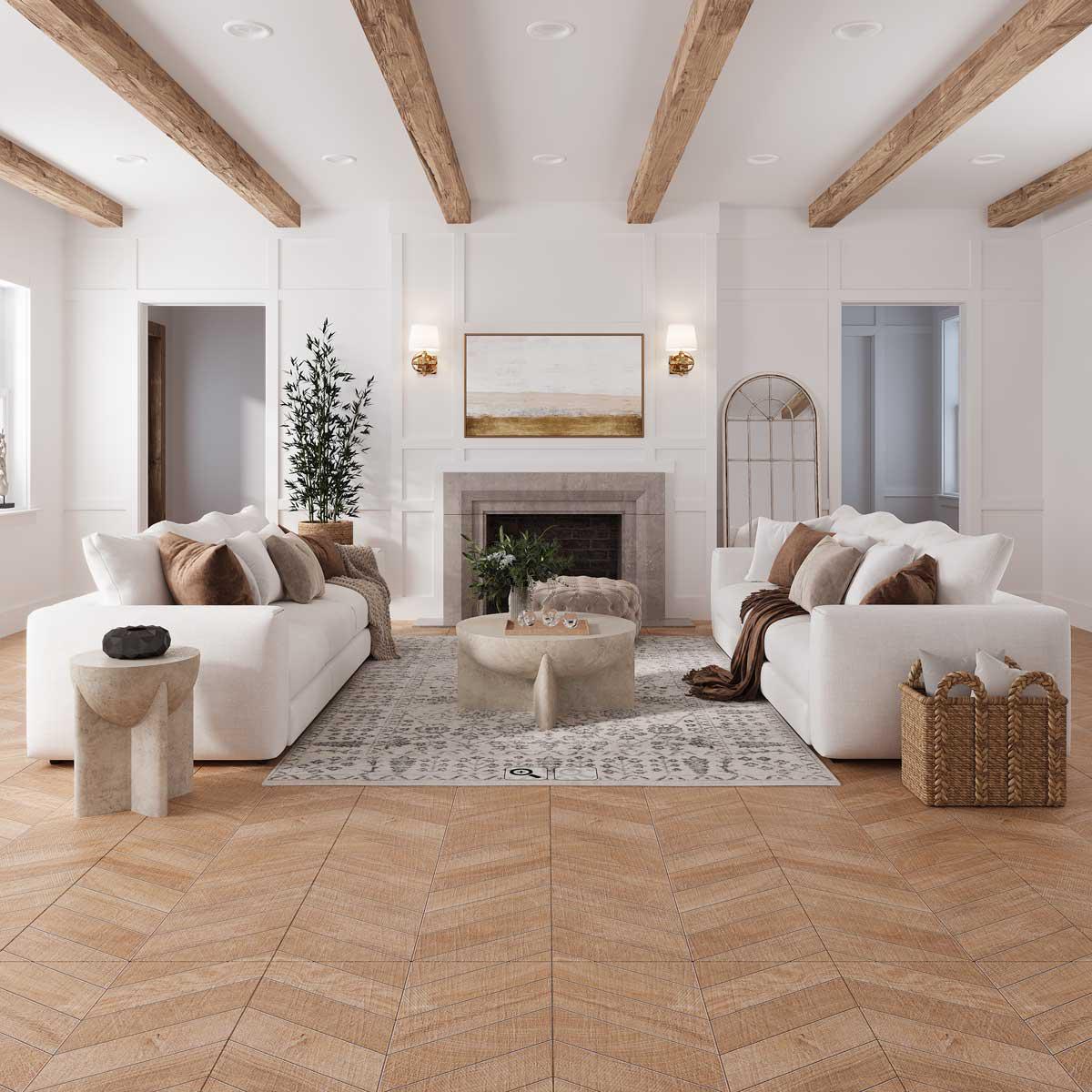 California casual living room in white and wood with chevron floor tiles