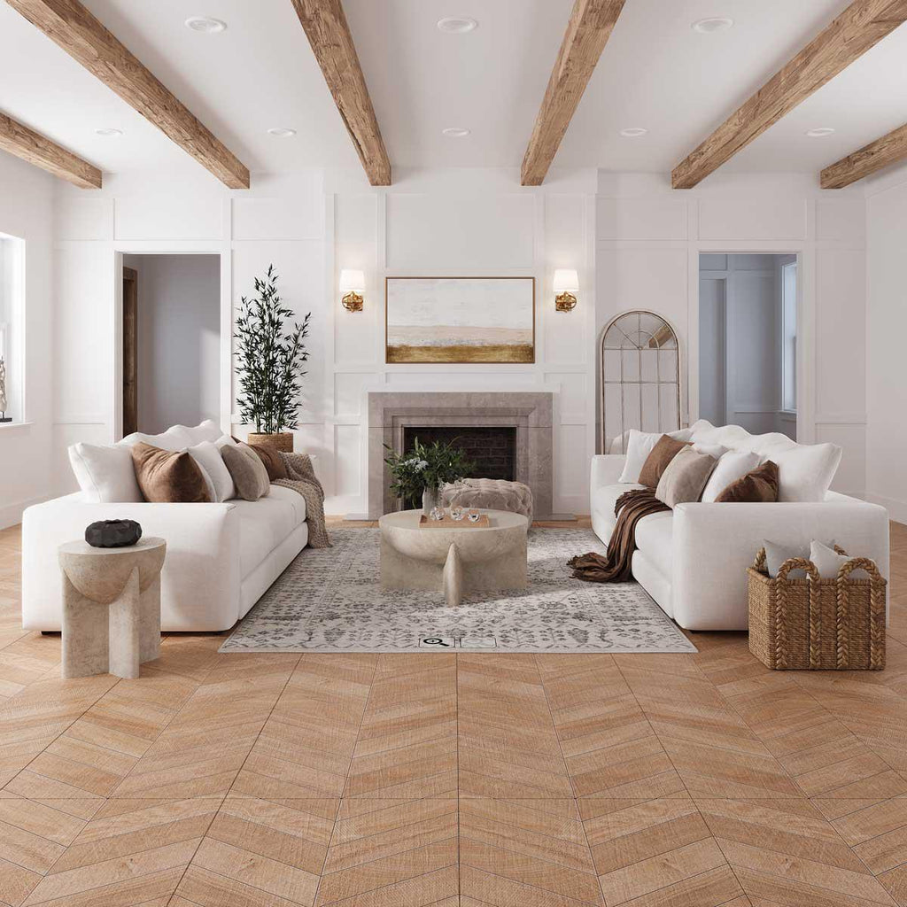 California casual living room in white and wood with chevron floor tiles
