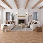 California casual living room in white and wood with chevron floor tiles