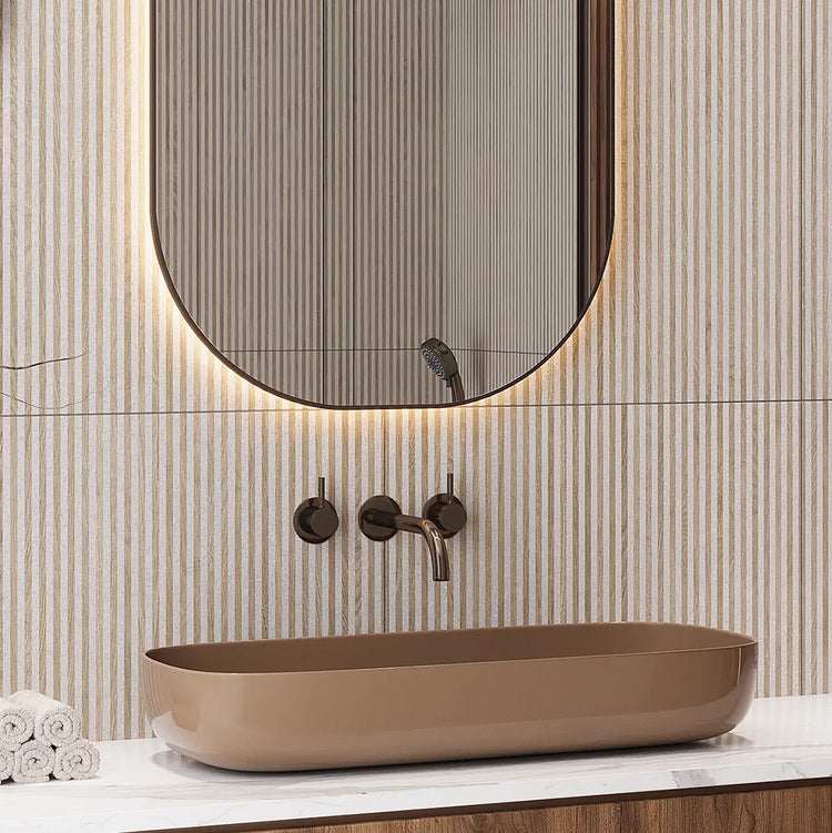 Fluted wood look ceramic wall tile 
