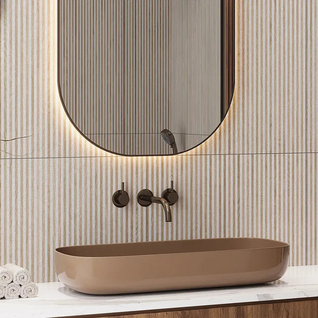 Fluted wood look ceramic wall tile 