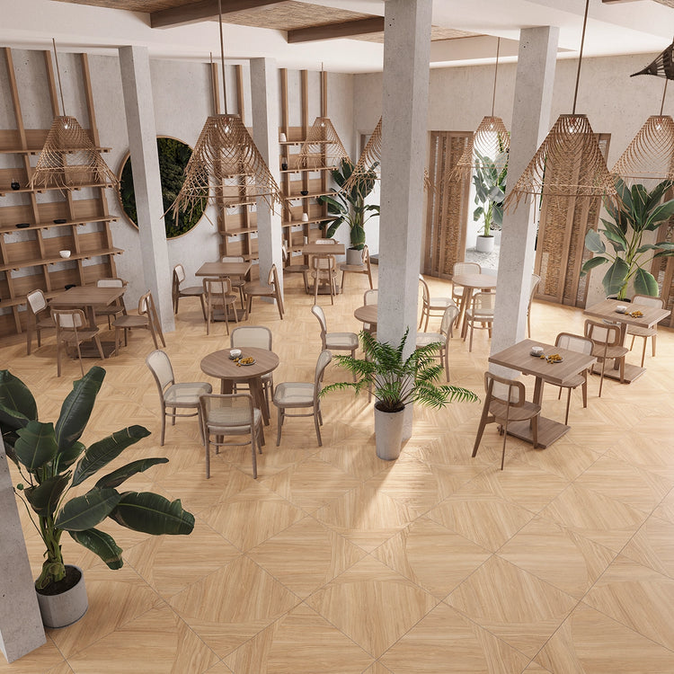Japandi Honey Parquet Wood-Look Tile Flooring