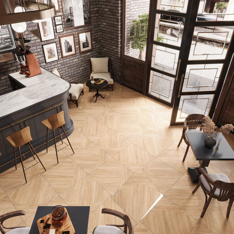 Japandi Honey Parquet Wood-Look Tile Flooring