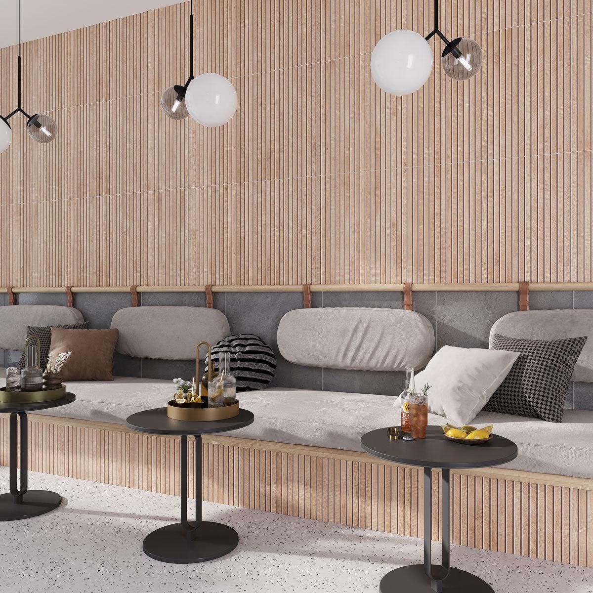 Coffee shop interior design with Japandi Maple Slat Wall Tiles