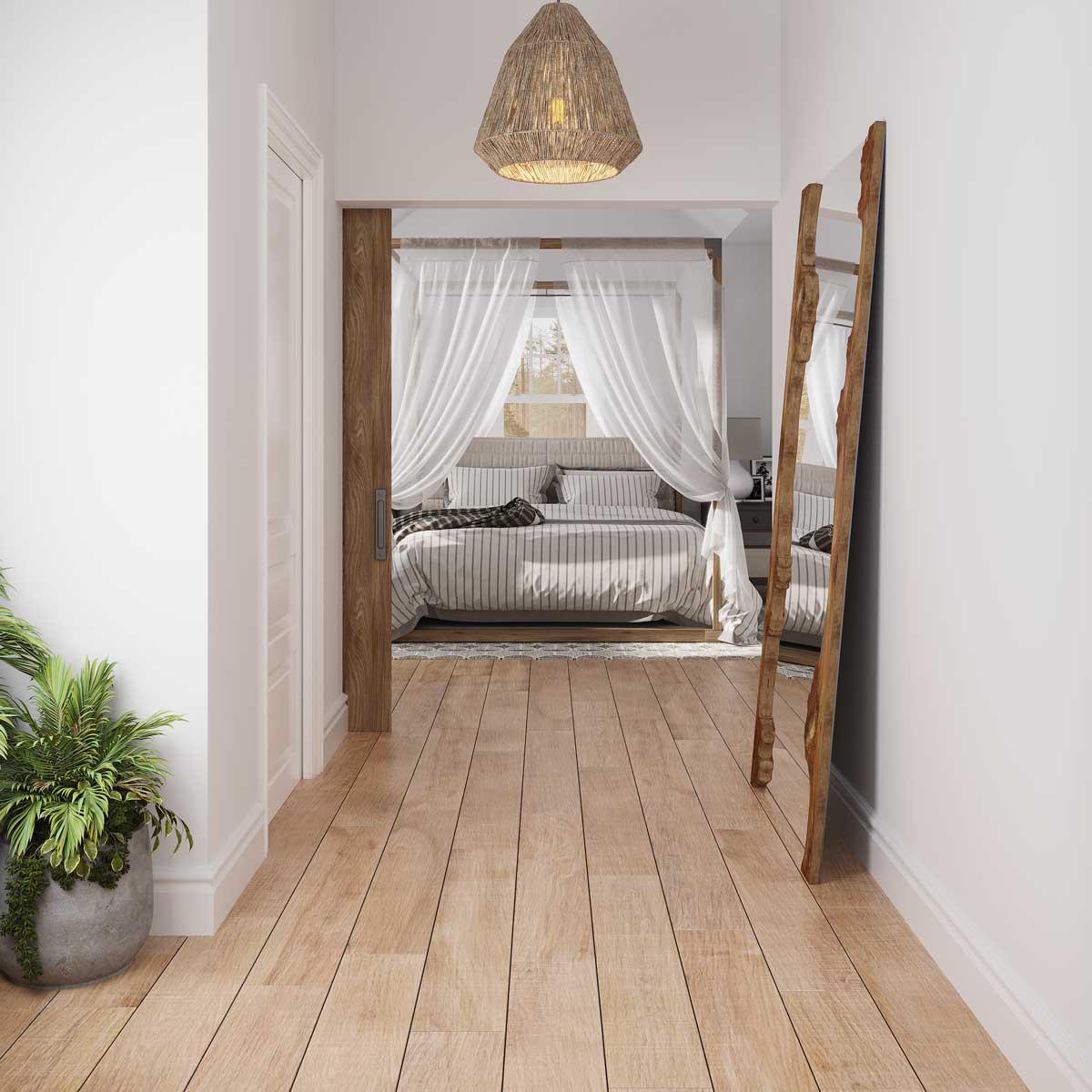 Bedroom hall floor with wood look floor tiles