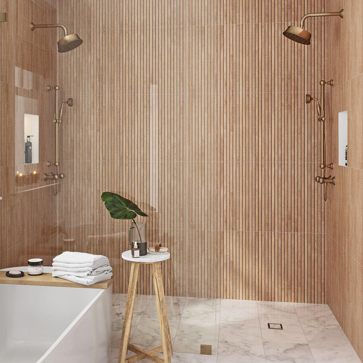 Wood look slat shower wall tile made of porcelain