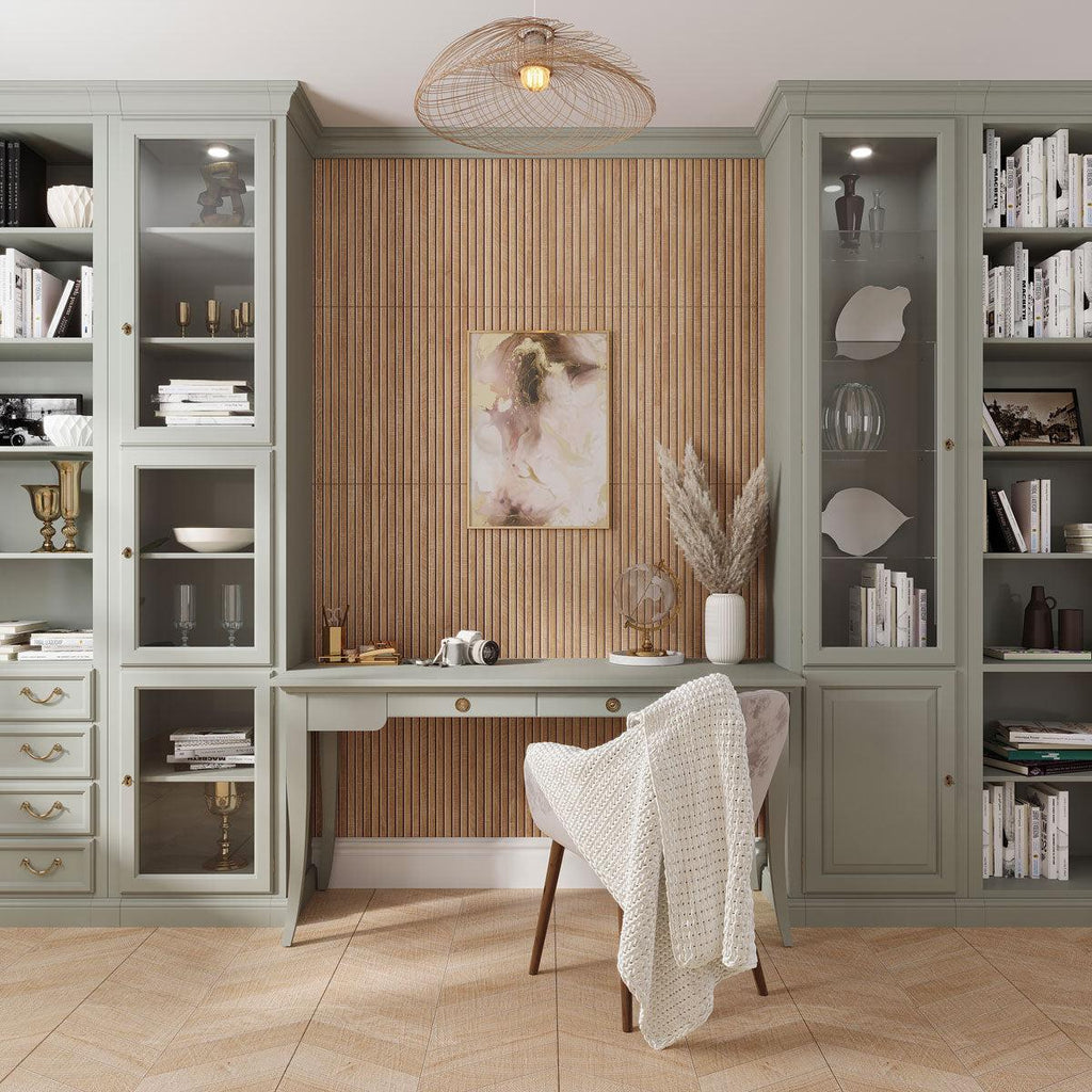 Home office with Japandi Natural Slat Wall Tile behind the built-in desk