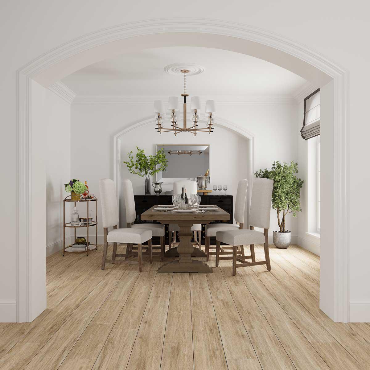White and wood dining room with hardwood alternative floor
