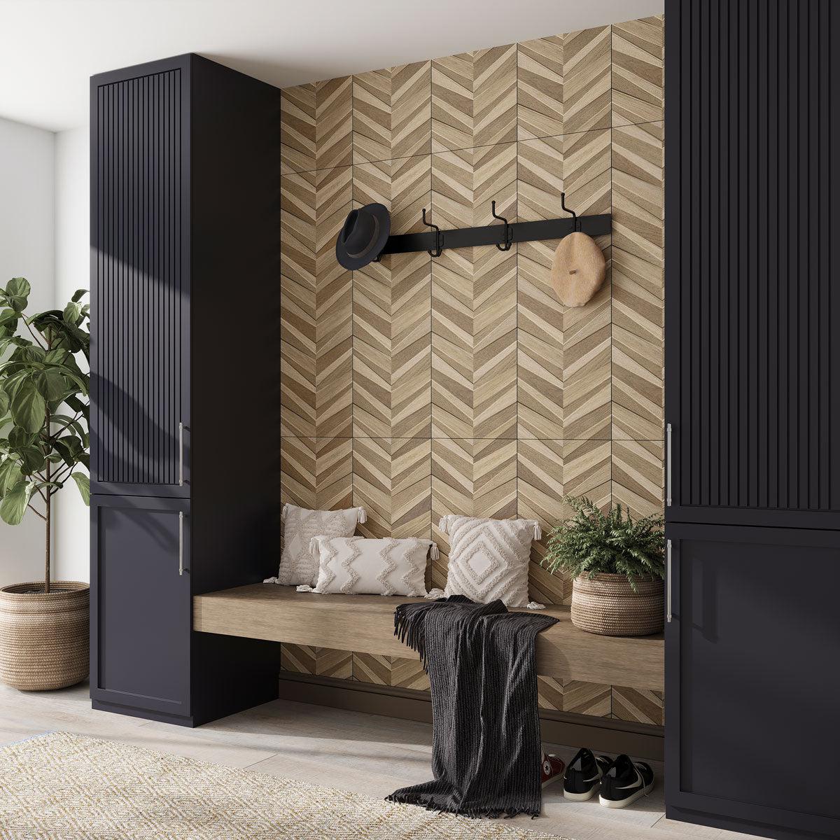 Mudroom with textured wood look accent wall in 1970s style