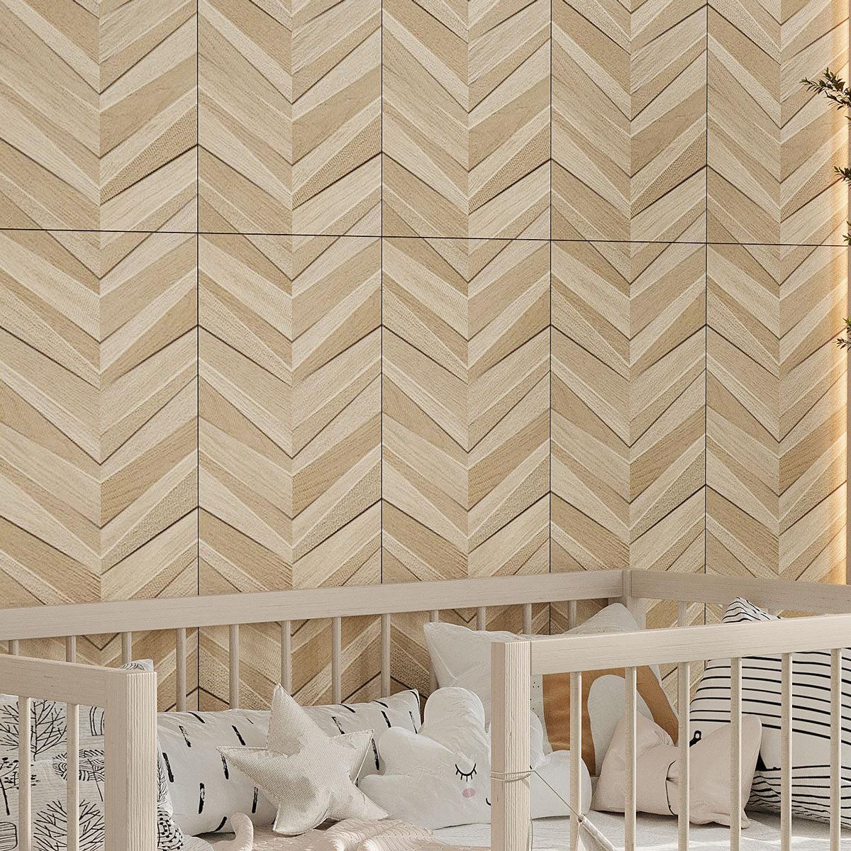 Japandi Textured Chevron Light Wood accent wall with porcelain tile