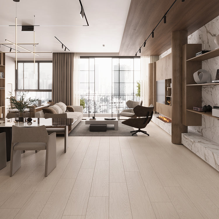 Japandi White 10x60 Wood-Look Tile Flooring