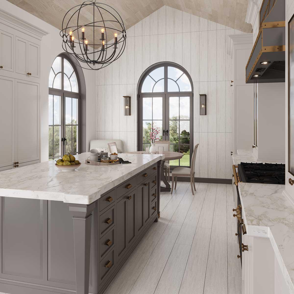 White farmhouse kitchen with wood-look wall and floor tiles