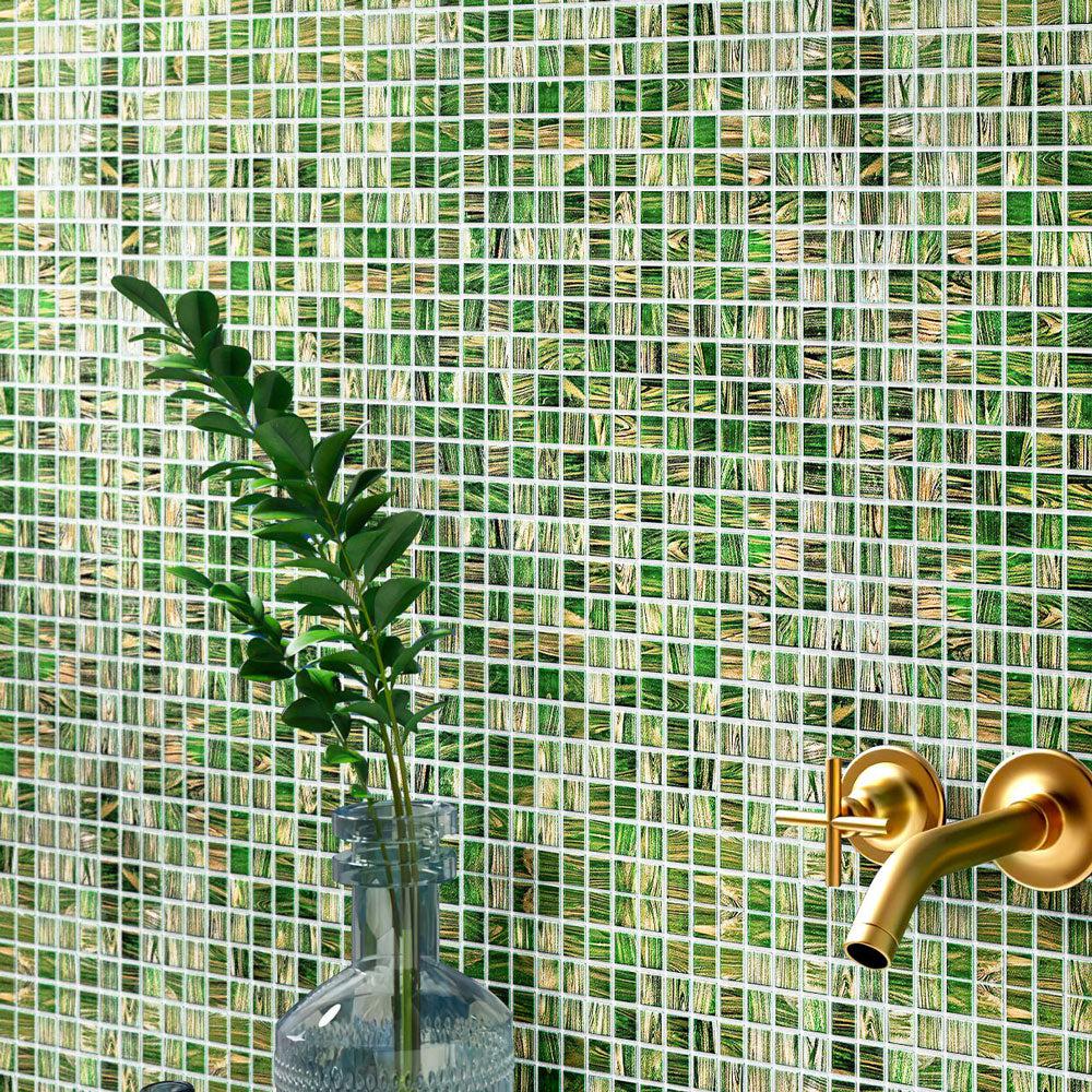 Jungle Green & Brown Squares Glass Pool Tile | Tile Club