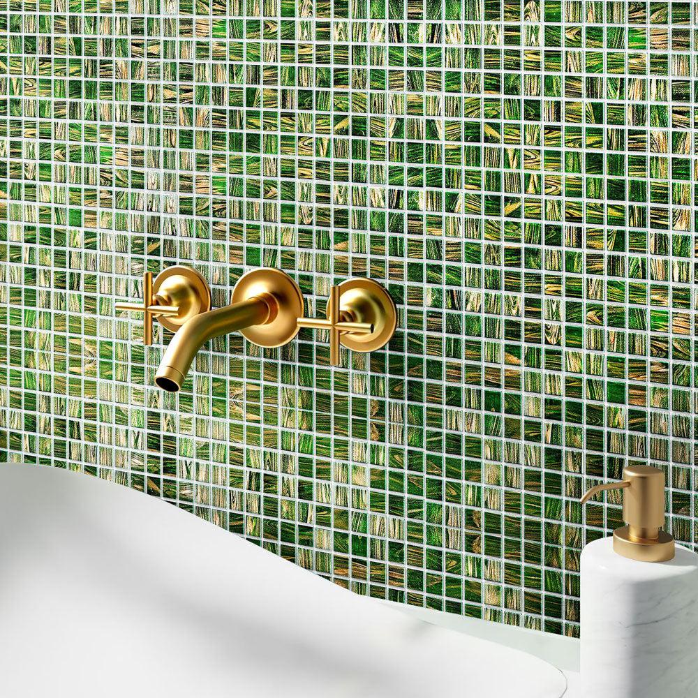 Jungle Green & Brown Squares Glass Pool Tile | Tile Club