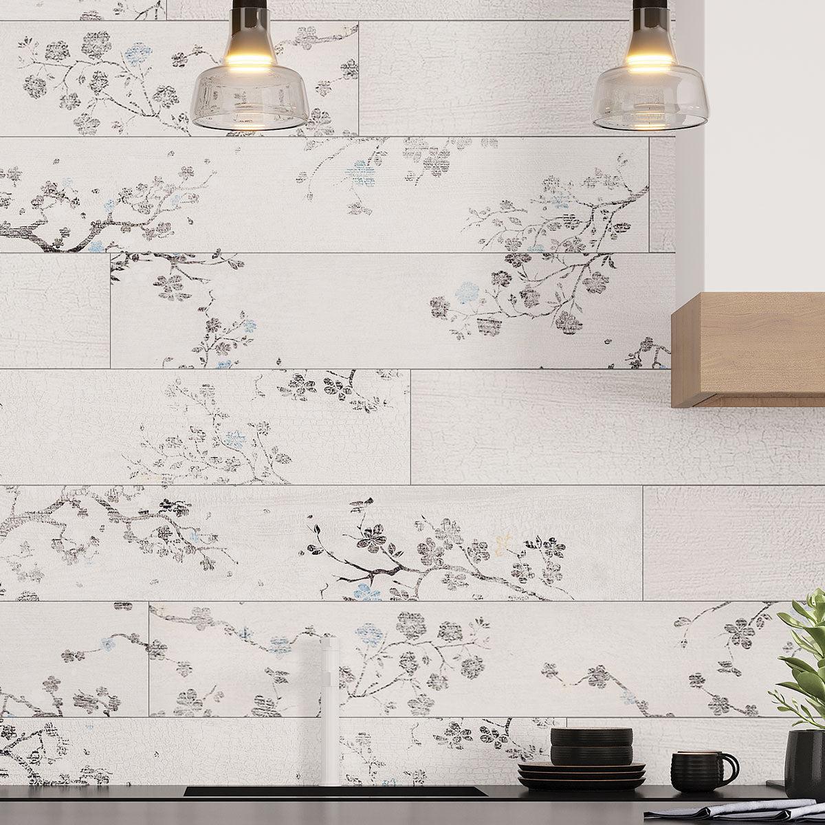 Kasai Carta Sakura white porcelain tile backsplash