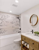 Wood look shower with Japanese cherry blossom patterns on porcelain tile