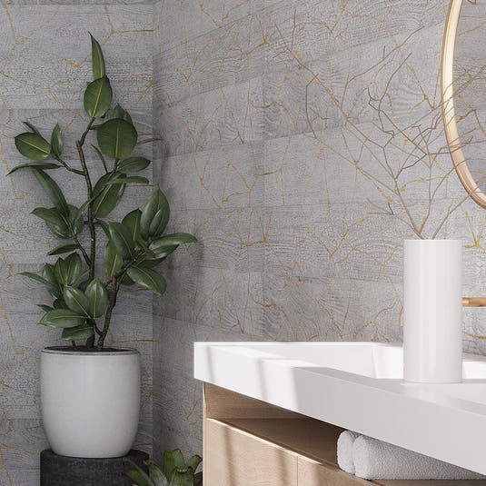 White with beige washbasin against the Kasai Fumo Kintsugi Porcelain Tile wall