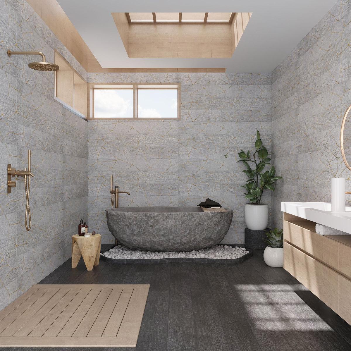 Minimalist Bathroom with Kasai Fumo Kintsugi Porcelain Walls