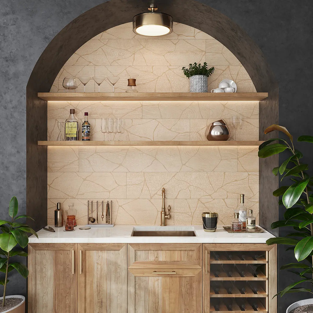 Kasai Maple Kintsugi contemporary wood look tile kitchen back backsplash