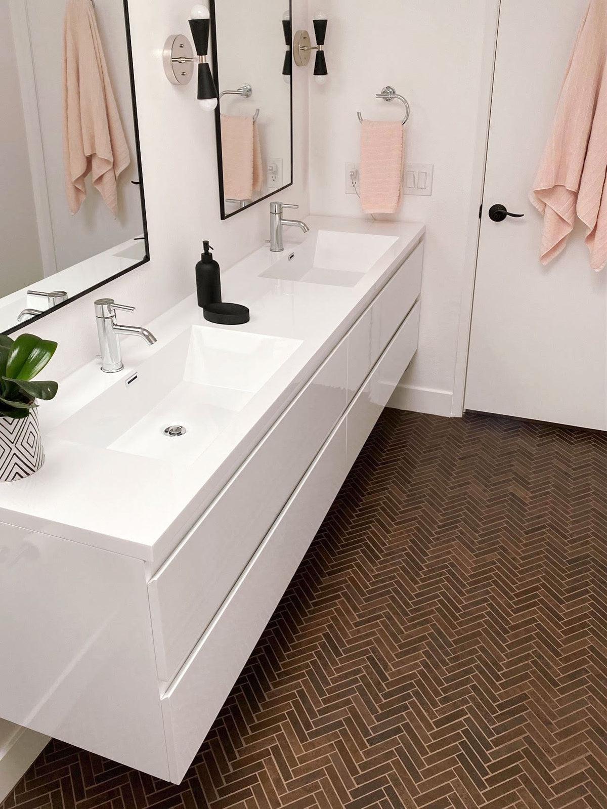Customer Install - Bathroom Floor with Ionic Herringbone Copper Porcelain Mosaic Tile