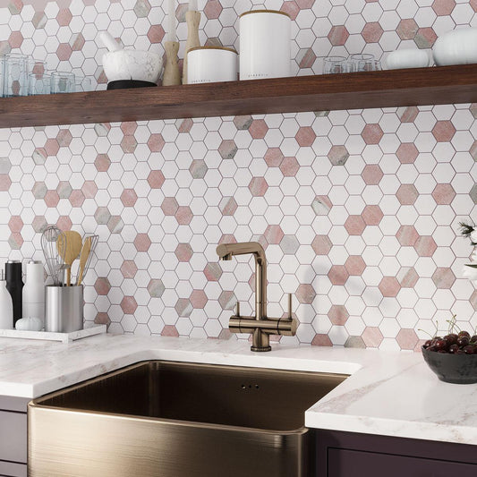 White and Pink Marble Hexagon Mosaic Tile
