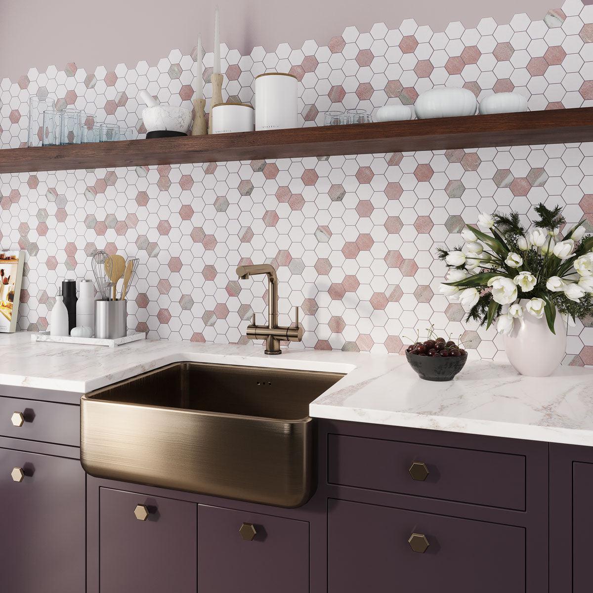 White and Pink Marble Hexagon Mosaic Tile Backsplash with Copper Fixtures