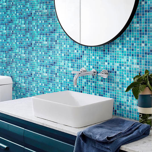 Koi Pond Blue Mixed Squares Glass Tile Bathroom Backsplash