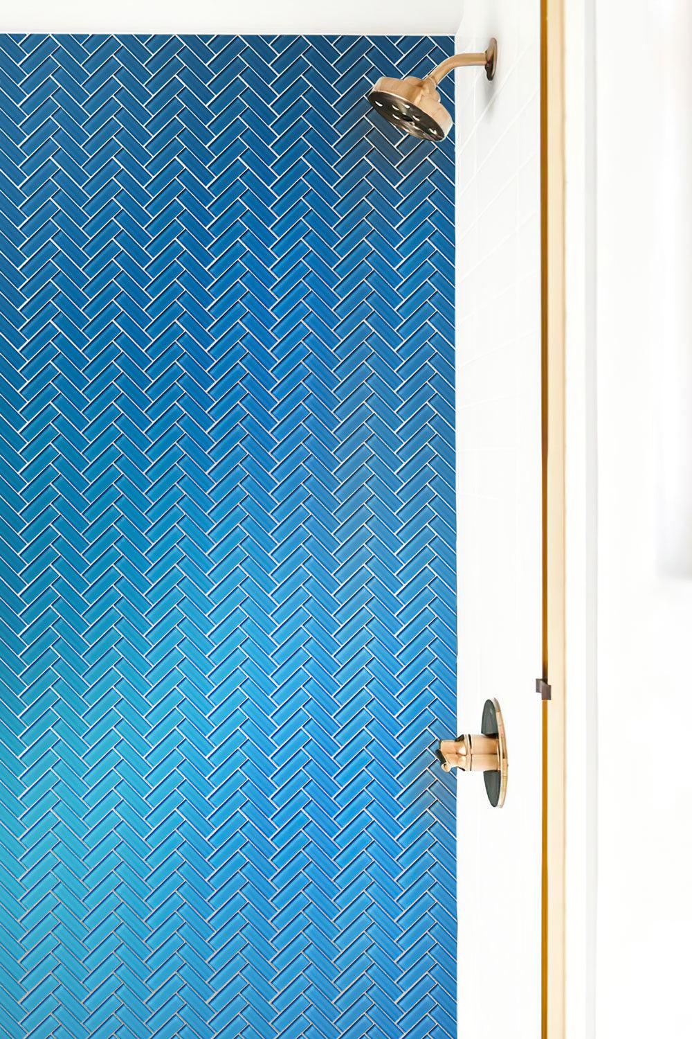 Sky Blue Herringbone Glass Tile shower backsplash
