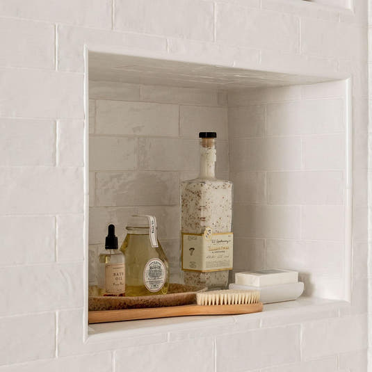 La Riviera Blanc Ceramic Subway Tile White Zellige Shower Tile Niche designed by House of Jade
