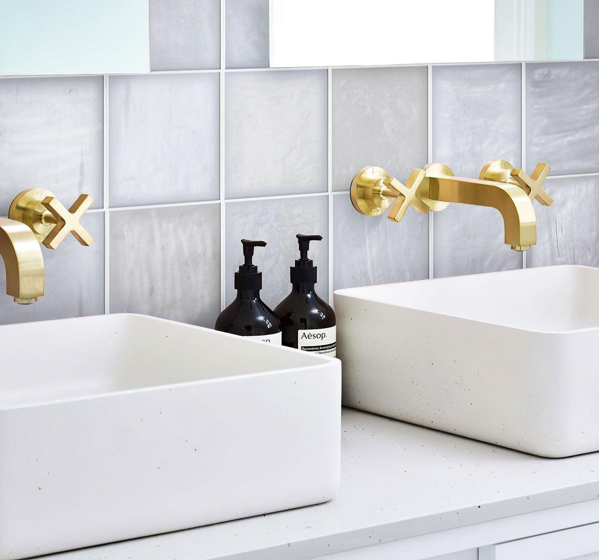 La Riviera Lavanda Blue Ceramic Tile Bathroom Backsplash with Golden Taps