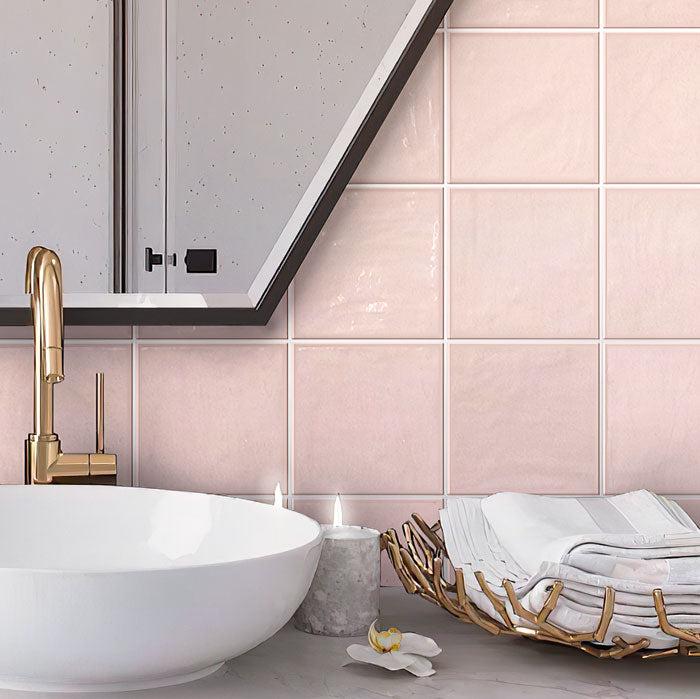 White Modern Sink & Poligonal Mirror with La Riviera Rose Pink Ceramic Square Background