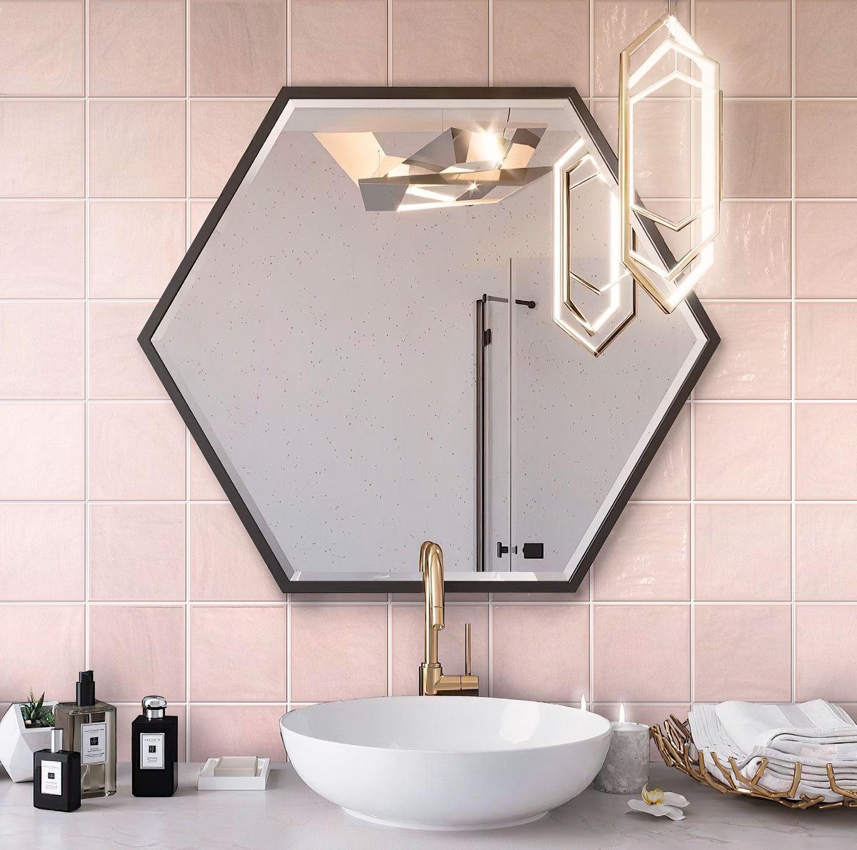 La Riviera Rose Pink Ceramic Square Backsplash in Moderm Poligonal Style Bathroom