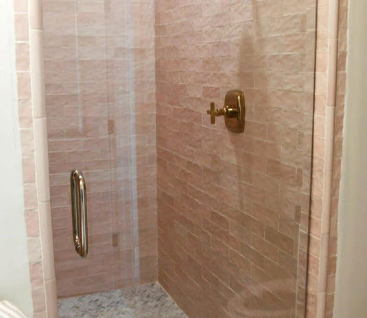 Tile Club La Riviera Rose Pink Subway tile Shower seen on Rock the Block