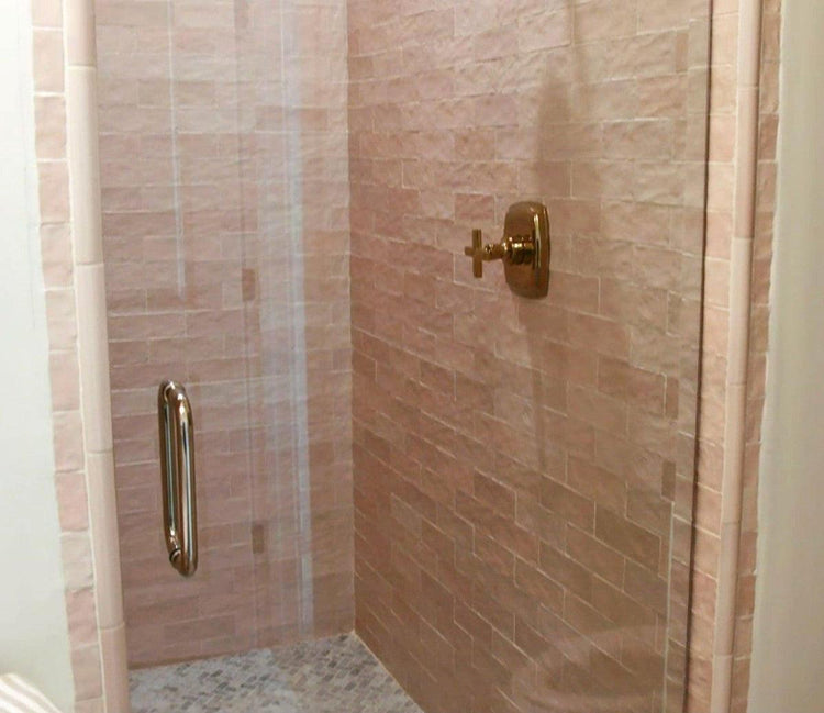 Tile Club La Riviera Rose Pink Subway tile Shower seen on Rock the Block