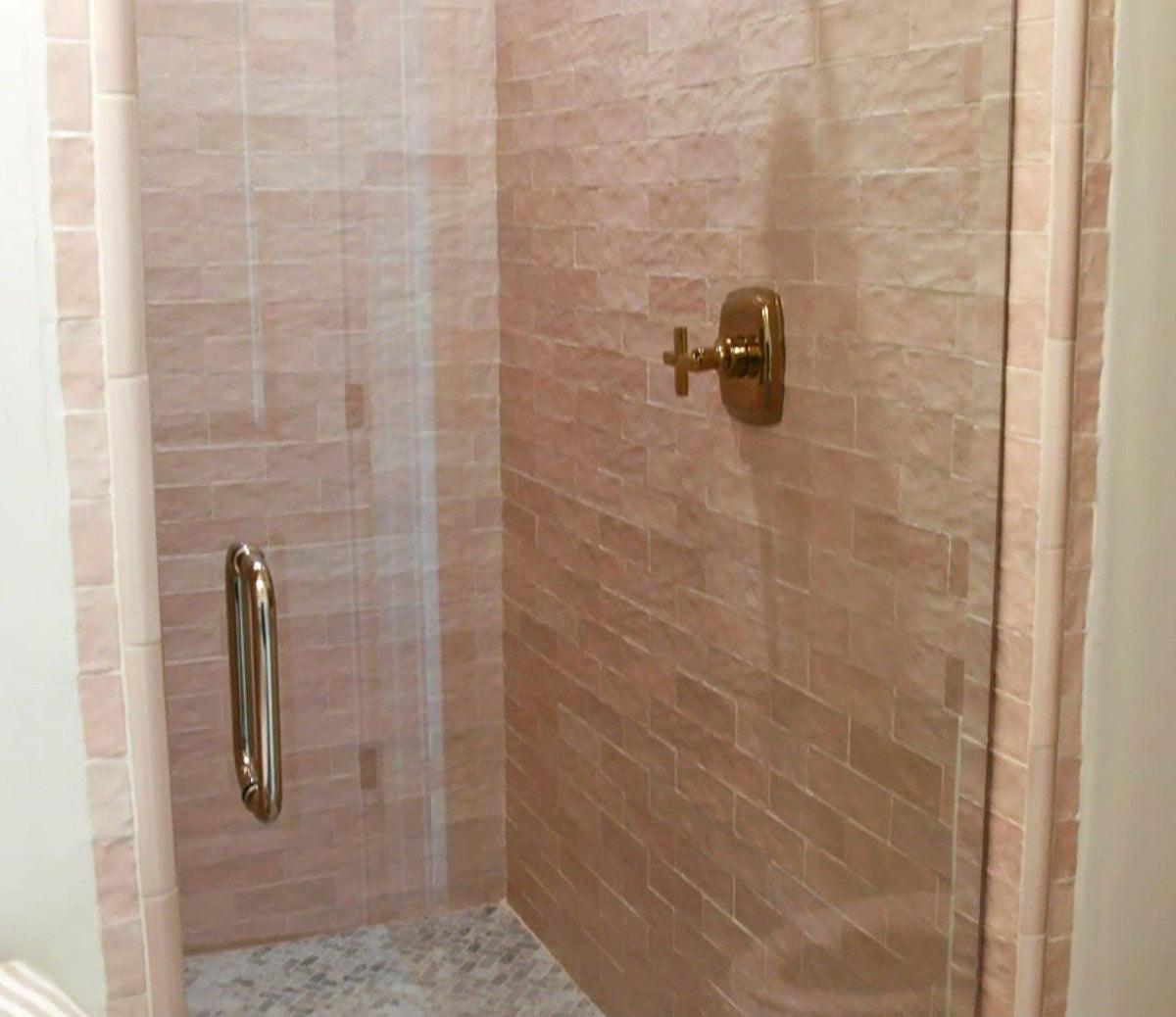 Tile Club La Riviera Rose Pink Subway tile Shower seen on Rock the Block