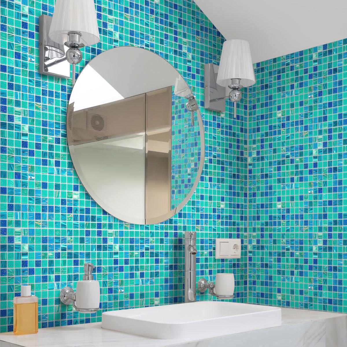 Lagoon Blue Mixed Squares Glass Tile evokes a tranquil bathroom setting