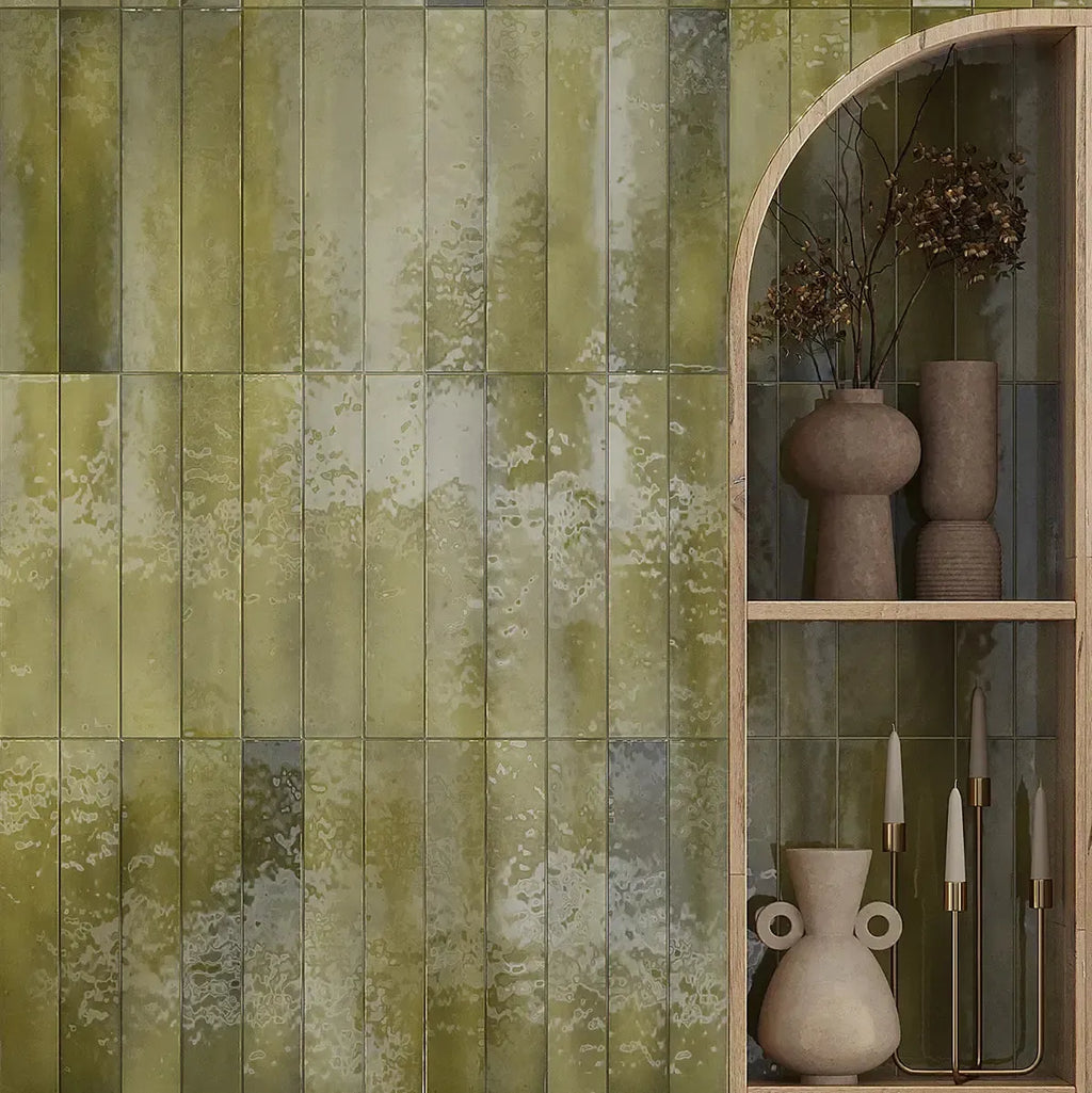 Lake Basil Ceramic Subway Tile Accent Wall with 70s Style
