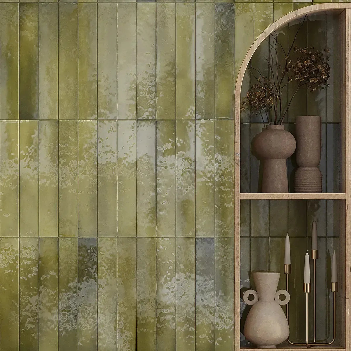 Lake Basil Ceramic Subway Tile Accent Wall with 70s Style