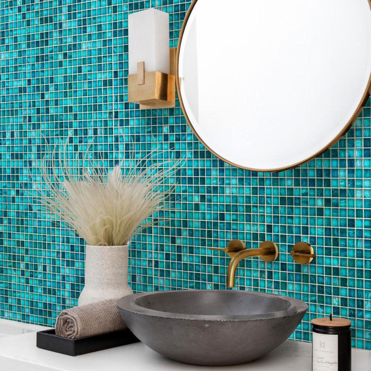 Lake Blue Mixed Squares Glass Tile adds a refreshing and tranquil ambiance