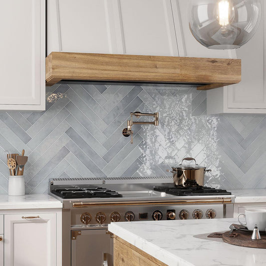 Lake Moon Ceramic Subway Tile in a Herringbone Backsplash Layout