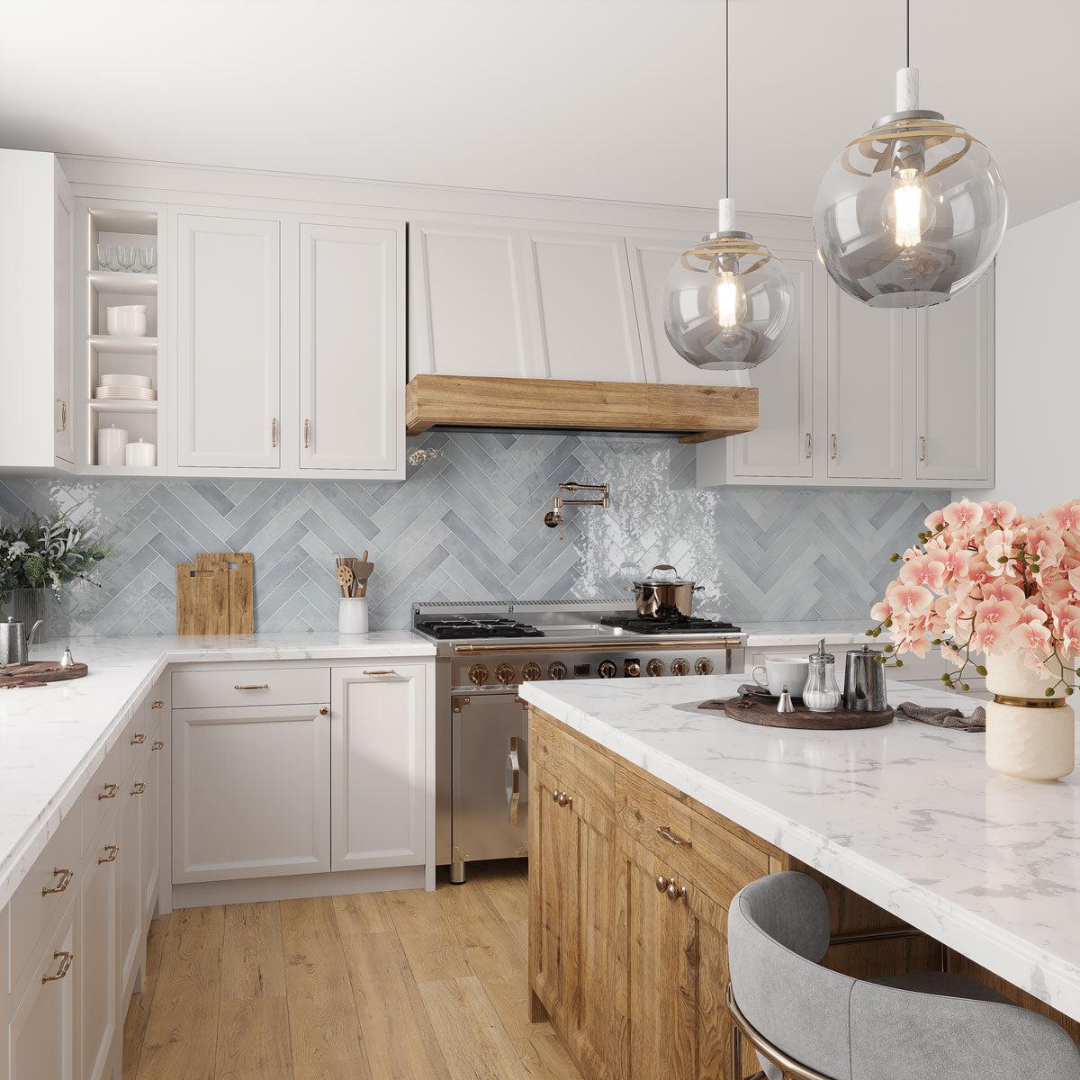Lake Moon Ceramic Subway Tile in an angled kitchen backsplash layout