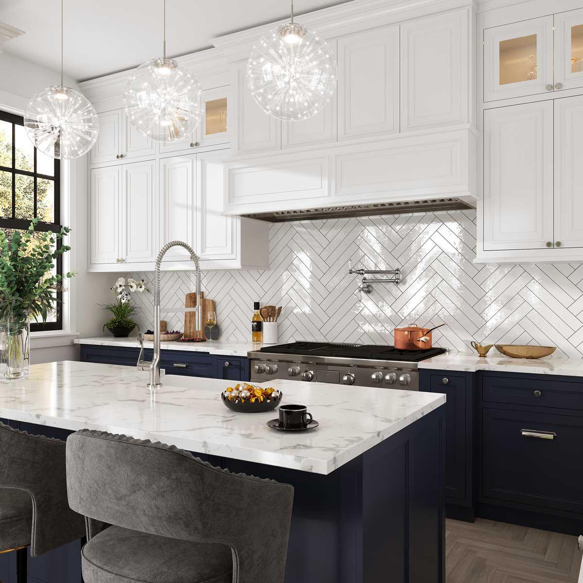 Navy blue cabinets and long white ceramic subway tiles